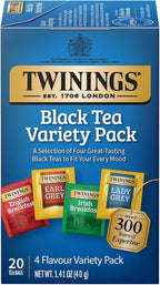 Twinings Variety Pack Black Tea Bags, 20 Count (Pack of 1), Includes English Breakfast, Earl Grey, Irish Breakfast, and Lady Grey, Caffeinated, Enjoy Hot or Iced, 20 Teabags