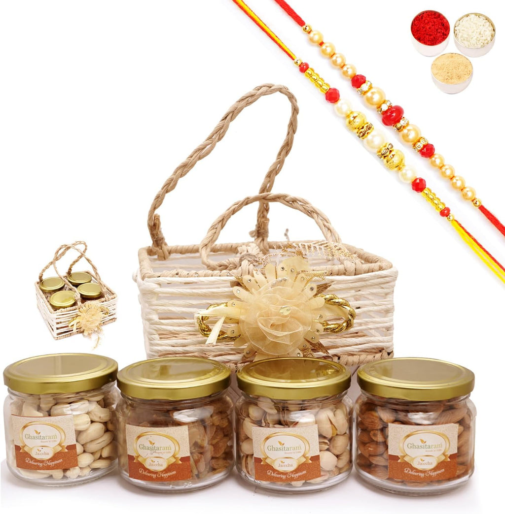 Ghasitaram Gifts Jaiccha Rakhi Gifts for Brothers - Jute Square Basket with flower with Dryfruits with 2 Rakhis