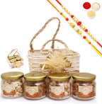 Ghasitaram Gifts Jaiccha Rakhi Gifts for Brothers - Jute Square Basket with flower with Dryfruits with 2 Rakhis