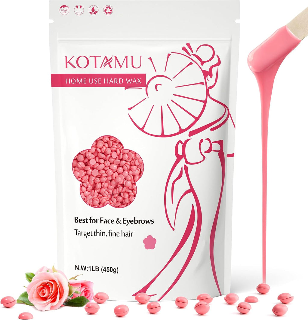 KOTAMU Wax Beads for Hair Removal - Professional Waxing for Sensitive Skin, Targets Thin Fine Hair, 1lb Pink Beads Ideal for Home Waxing Face, Eyebrows, Chin, Body, Legs, Arms, Underarm, Bikini
