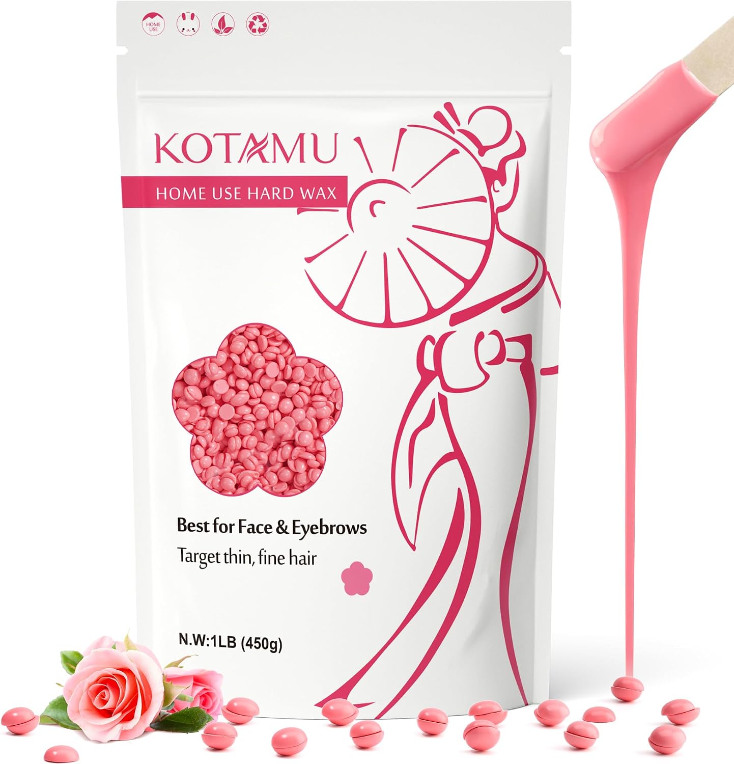 KOTAMU Wax Beads for Hair Removal - Professional Waxing for Sensitive Skin, Targets Thin Fine Hair, 1lb Pink Beads Ideal for Home Waxing Face, Eyebrows, Chin, Body, Legs, Arms, Underarm, Bikini