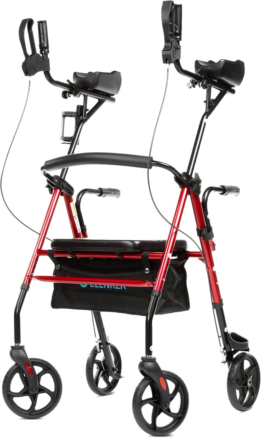 ELENKER Upright Walker, Stand Up Rollator Walker with Padded Seat and Backrest, Lightweight, Compact Folding, Fully Adjustment Frame for Seniors, Red