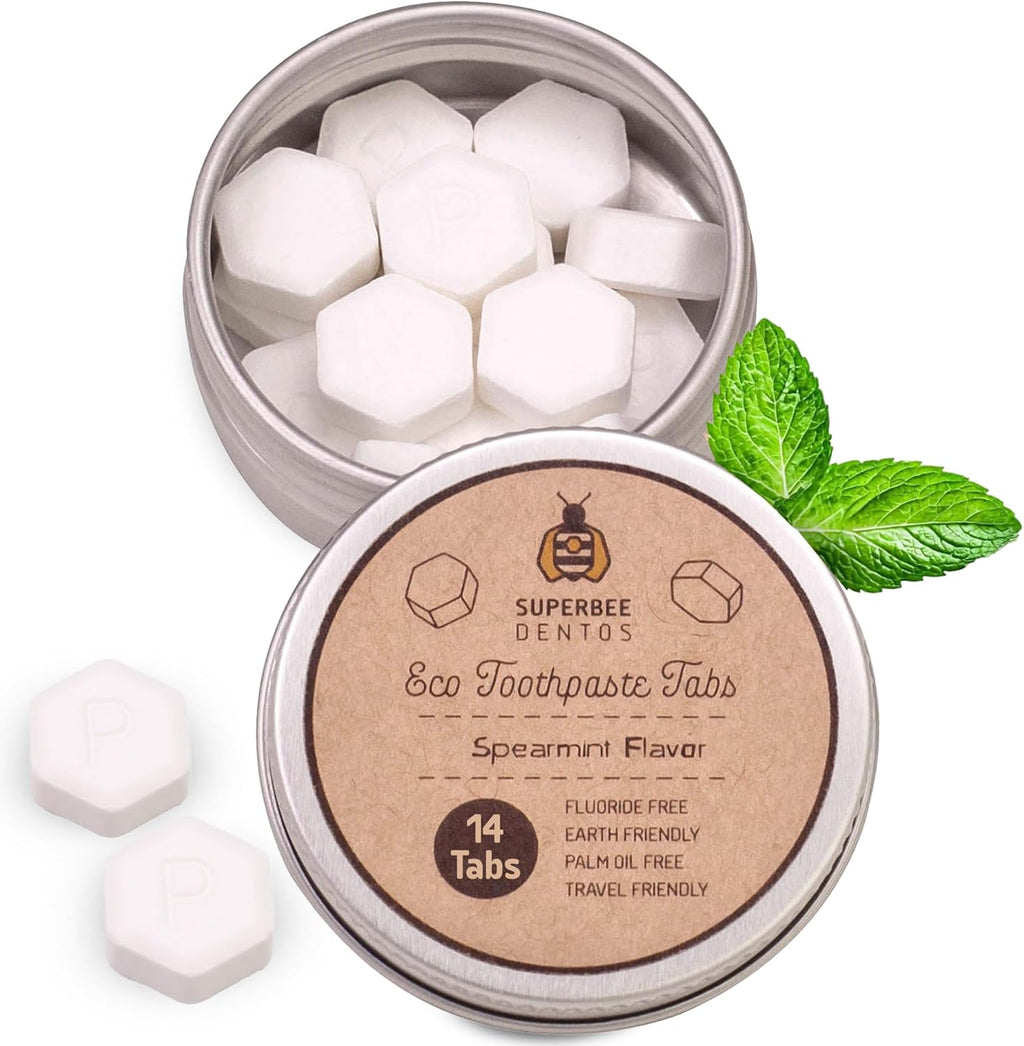SuperBee Dentos Toothpaste Tablets, 14 Tabs, Fluoride Free & Eco Friendly, Travel Mouthwash Tablets, Sensitive Bites Kids Adults, Chewable Tablet, Spearmint