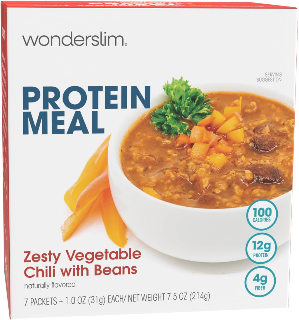 WonderSlim Protein Meal, Zesty Vegetable Chili w/Beans, 12g Protein, 4g Fiber, Gluten Free (7ct)
