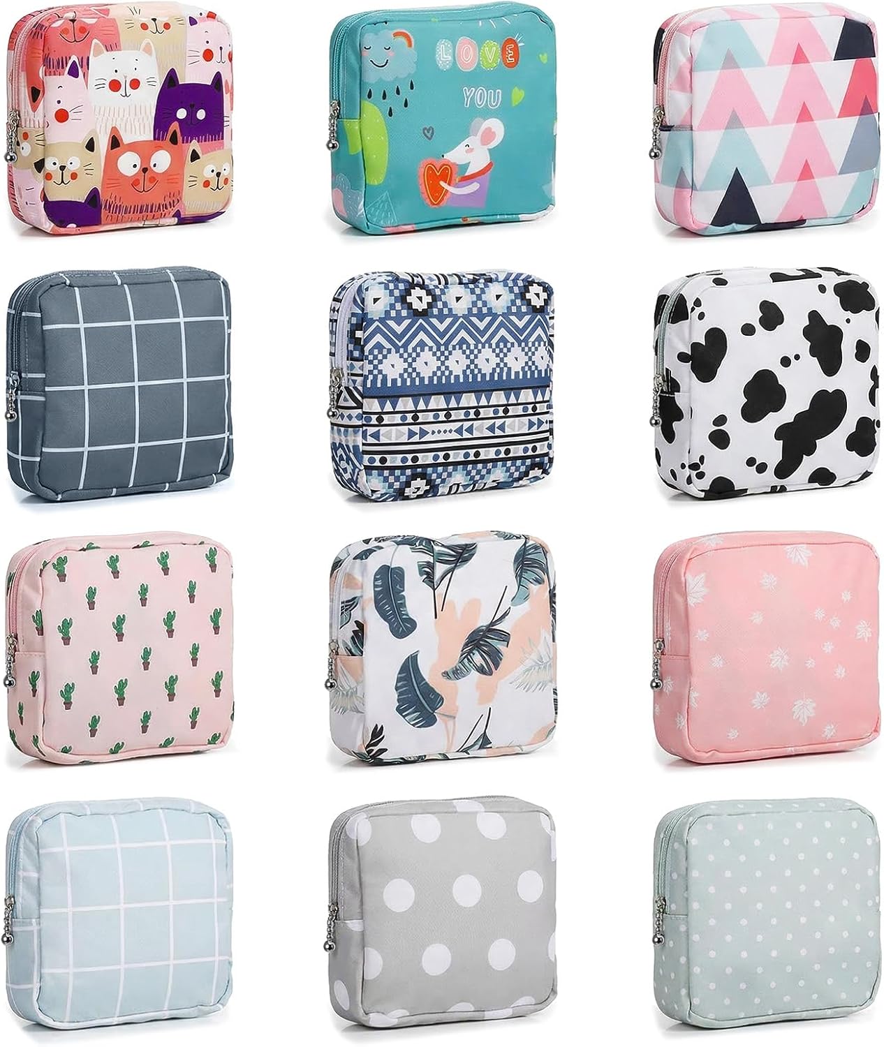 Sanitary Napkin Storage Bag - 12 Pcs Portable Period Pouch with Zipper, Discreet Menstrual Pad Holder Organizer for Women & Girls, Polyester Travel Kit (Cute Patterns)