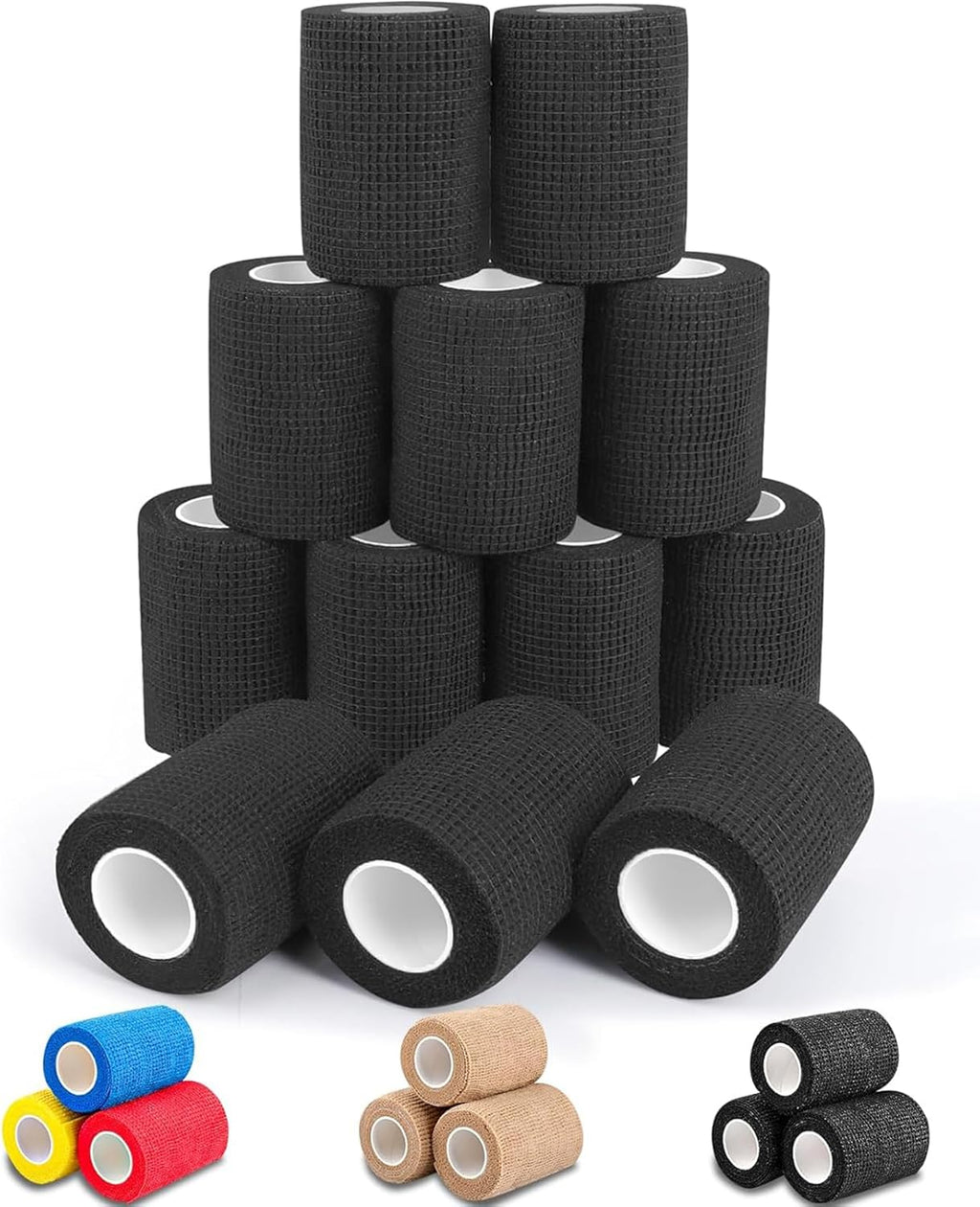AZEN 12 Pack Black Self Adhesive Bandage Wrap, 3" X 5 Yards Elastic Cohesive Bandage Wrap, Vet Wrap, Ankle Tape, Tattoo Grip Tape Wrap