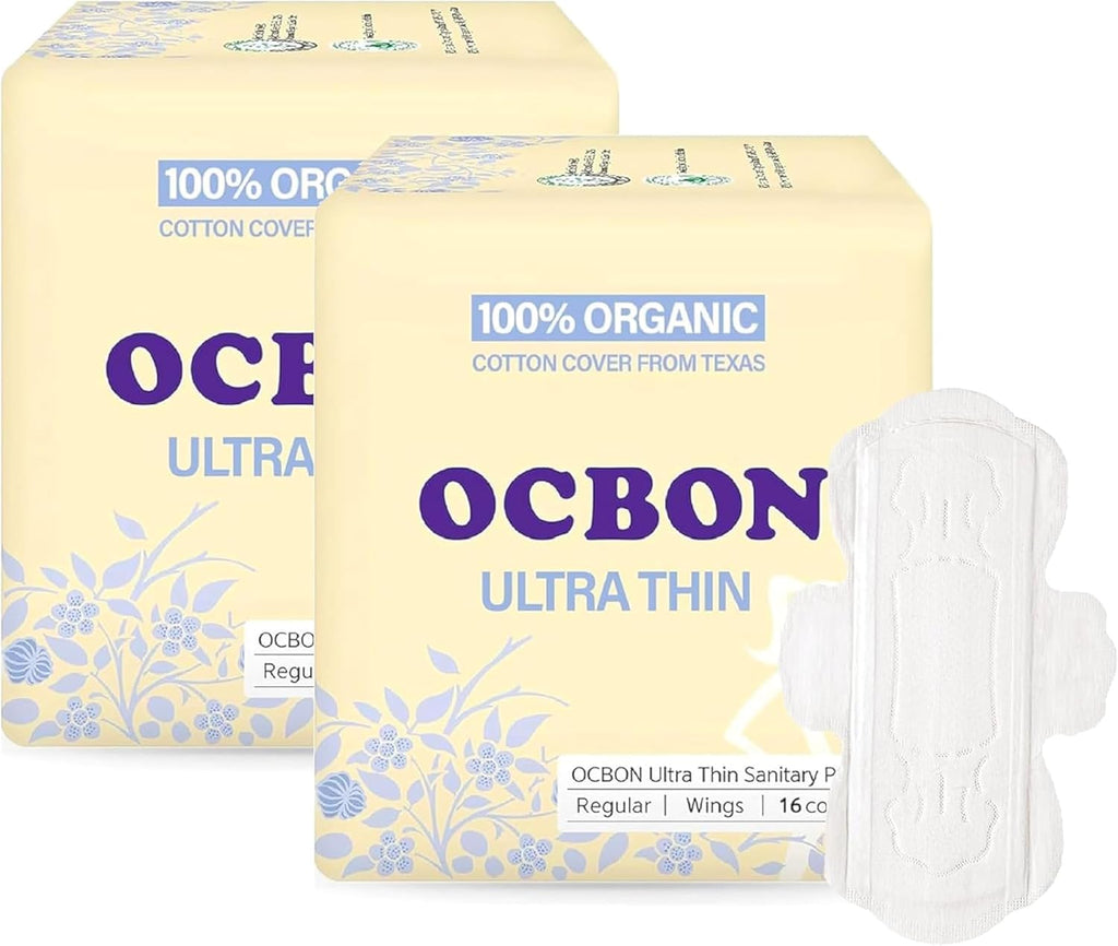 Unscented Ultra Thin Sanitary Pads (32 Count, Regular) – Organic Cotton Feminine Pads with Wings for Women, Super Absorbent & Soft, Period Protection, Hypoallergenic