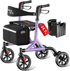 WALK MATE Rollator Walker for Seniors with Cup Holder, Upgraded Thumb Press Button for Height Adjustment, 8 Inch Wheels Walker with Seat Folding 14.7lb Lightweight Walking Aid, 300 lb Capacity, Purple