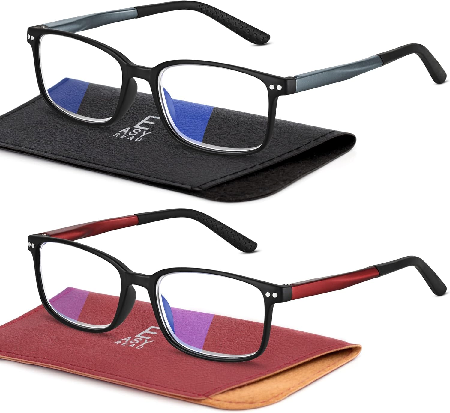 EASY READ 2 Pairs Sporty Style Reading Glasses for Men，Rectangular TR90 Blue Light Blocking Readers with Spring Hinge