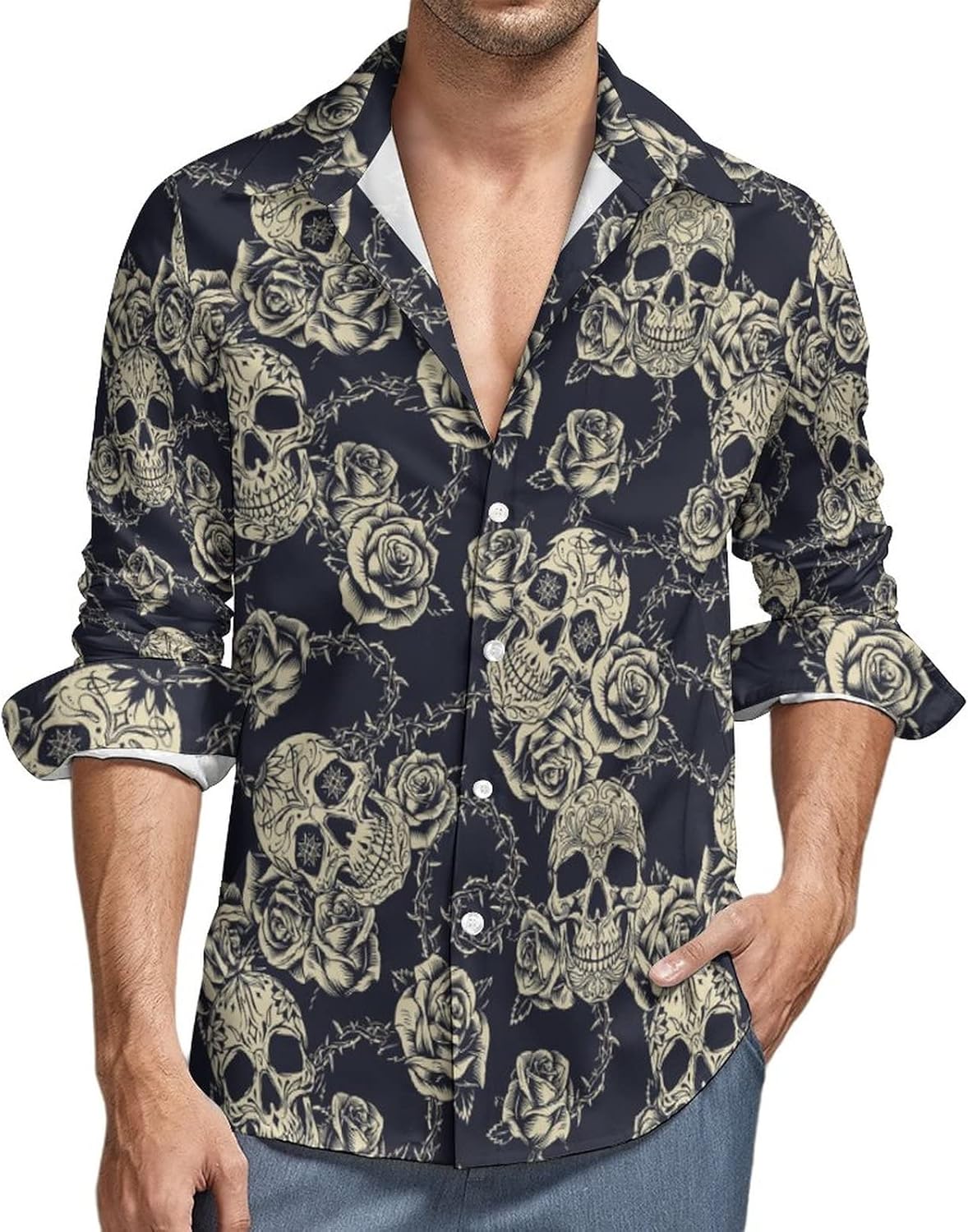 Vintage Skull Flower Mens Graphic Long Sleeve Button Down Shirt Stylish Dress Shirt