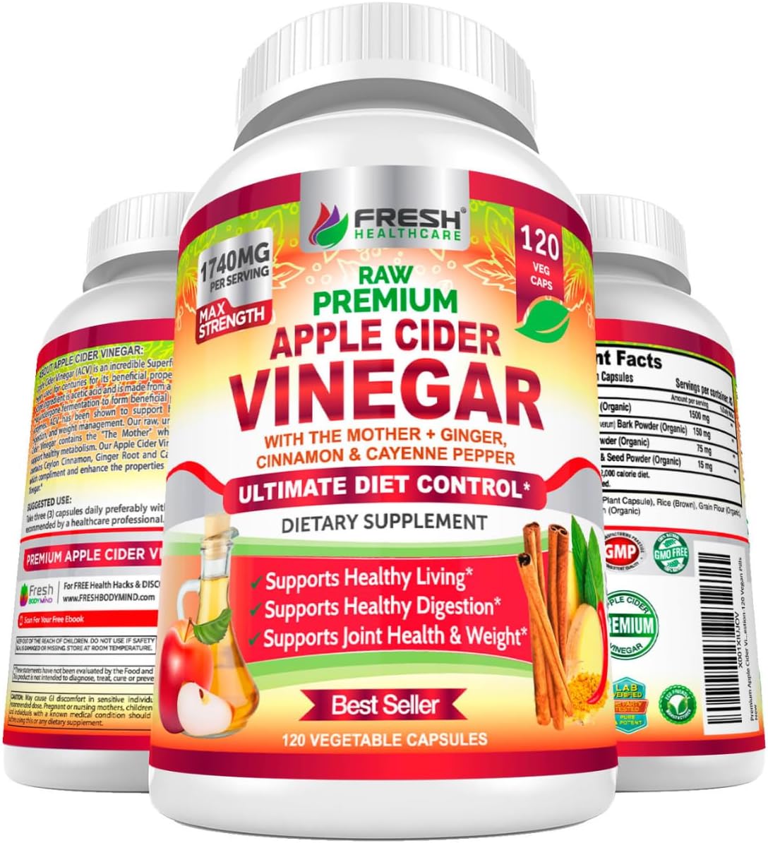 FRESH HEALTHCARE Apple Cider Vinegar Capsules with The Mother - 1740mg Non-GMO Gluten Free ACV Complex with Ceylon Cinnamon, Ginger & Cayenne for Digestion Support & Healthy Living - 120 Vegan Pills