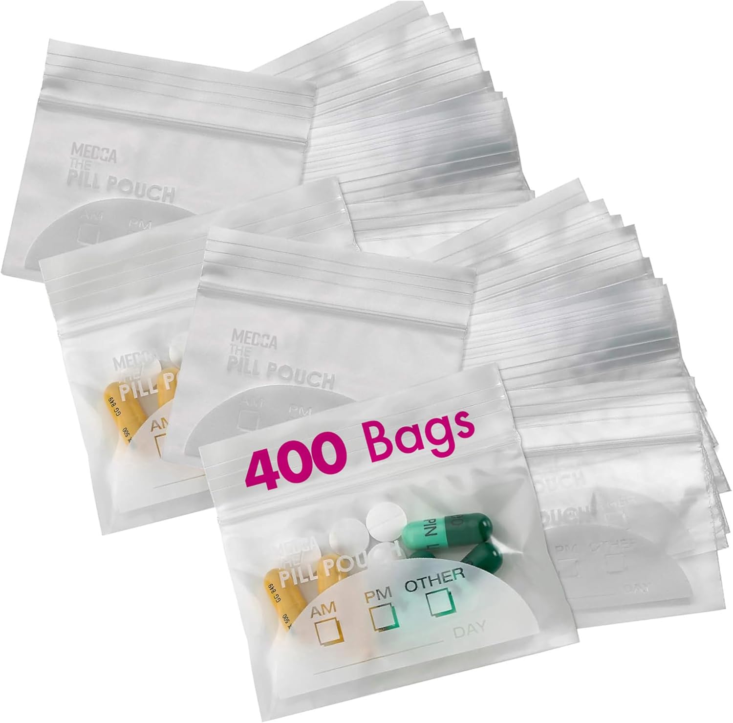 Pill Pouch Bags - (Pack of 400) 3" x 2.75" - BPA-Free, Poly Bag Disposable Zipper Pills Baggies, Daily AM PM Travel Medicine Organizer Storage Pouches, Best Clear Reusable with Write-on Labels