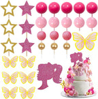 Hot Pink Girl Cake Toppers 47pcs Ball Cake Decorations with Pink Gold Balls Shiny Stars for Glitter Girl Princess Theme Wedding Baby Shower Birthday Party Supplies