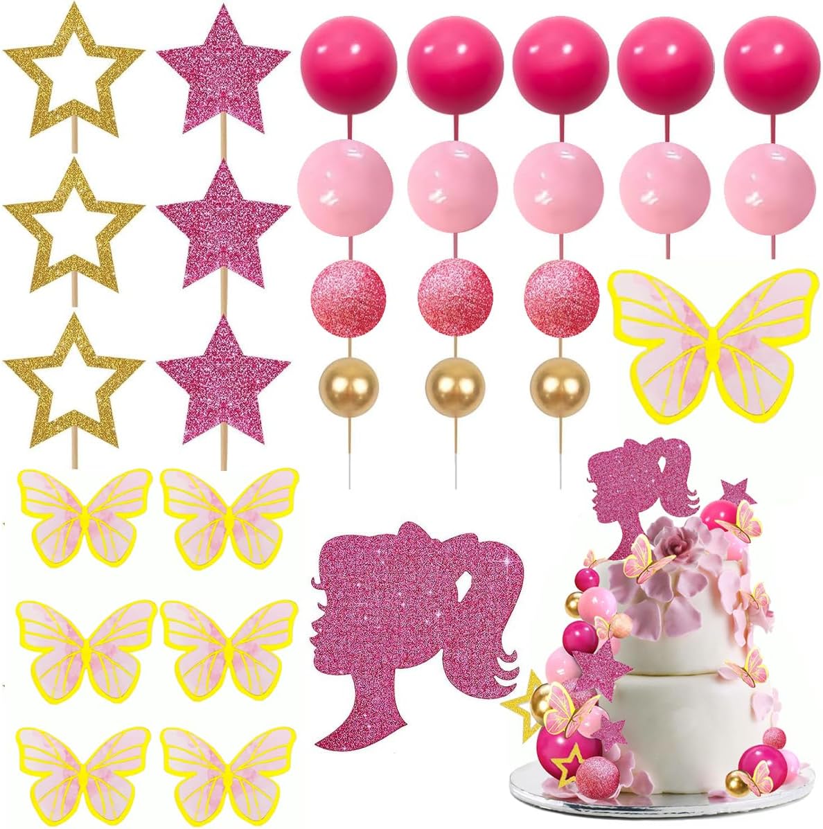 Hot Pink Girl Cake Toppers 47pcs Ball Cake Decorations with Pink Gold Balls Shiny Stars for Glitter Girl Princess Theme Wedding Baby Shower Birthday Party Supplies