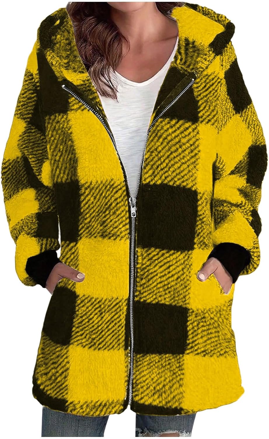 Womens Fleece Zip Up Jacket with Hood Sherpa Fuzzy Long Plaid Jackets Heavyweight Winter Cozy Loose Checkered Shacket