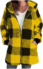 Womens Fleece Zip Up Jacket with Hood Sherpa Fuzzy Long Plaid Jackets Heavyweight Winter Cozy Loose Checkered Shacket