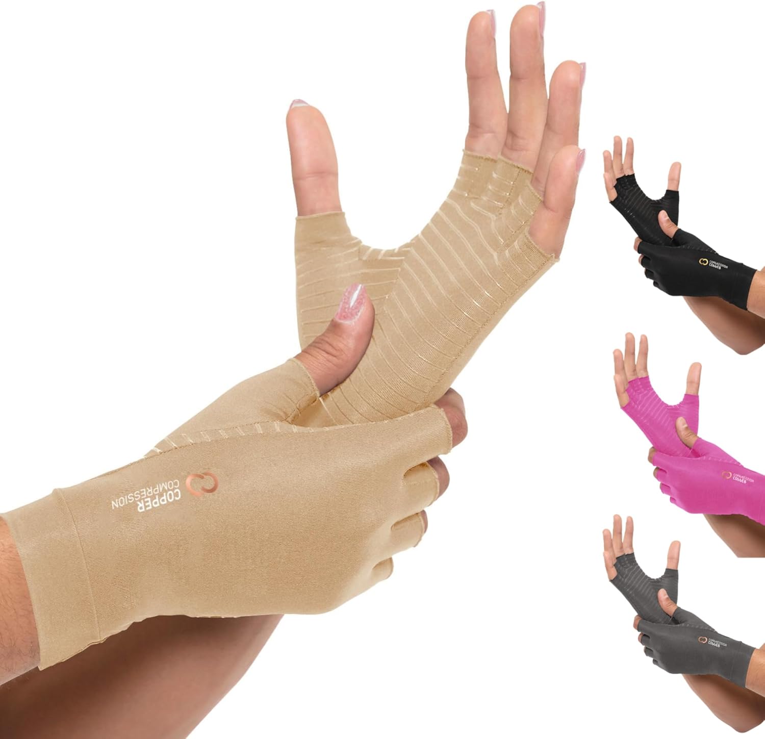 Copper Compression Arthritis Gloves | Fingerless Arthritis Carpal Tunnel Pain Relief for Men & Women | Hand Support Wrist Brace for Neuropathy, Rheumatoid, Tendonitis, Swelling, Crocheting Nude (S)