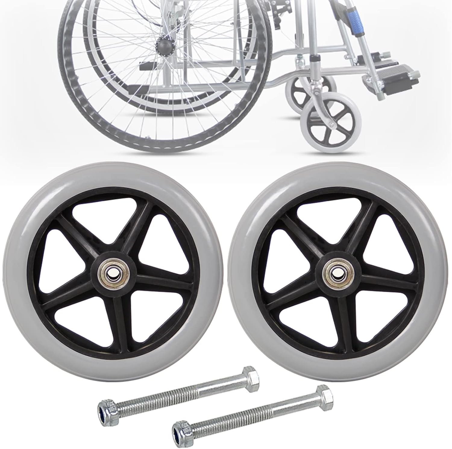 LIGUOYI 2 Pcs Wheelchair Front Caster, 6" 7" 8" Front Wheel & Solid Tyre, 2" (50 Mm) Hub Width, Wheel Replacement for Wheelchair, Replacement Rollator Accessories, Anti-Slip Rubber Wheel