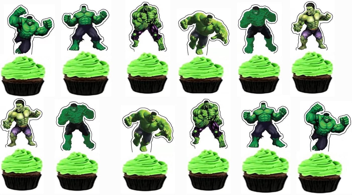 HUA Party Hulk Cake Topper, 48 Pcs, Superhero Birthday Party Supplies Decorations