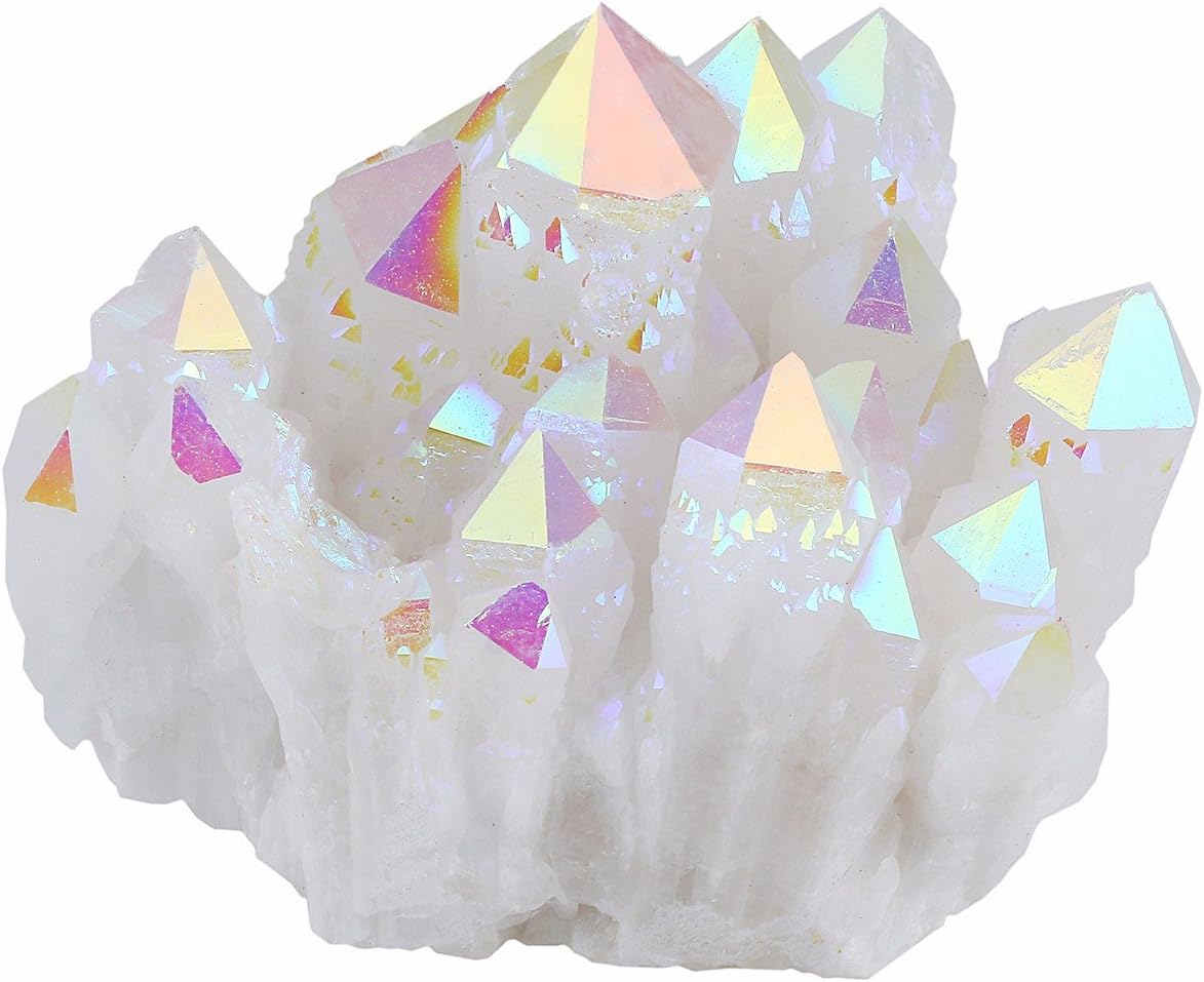 mookaitedecor Titanium Coated Natural Rock Crystal Cluster Geode Stone Specimen, Angel Aura Quartz, 0.22lb-0.44lb