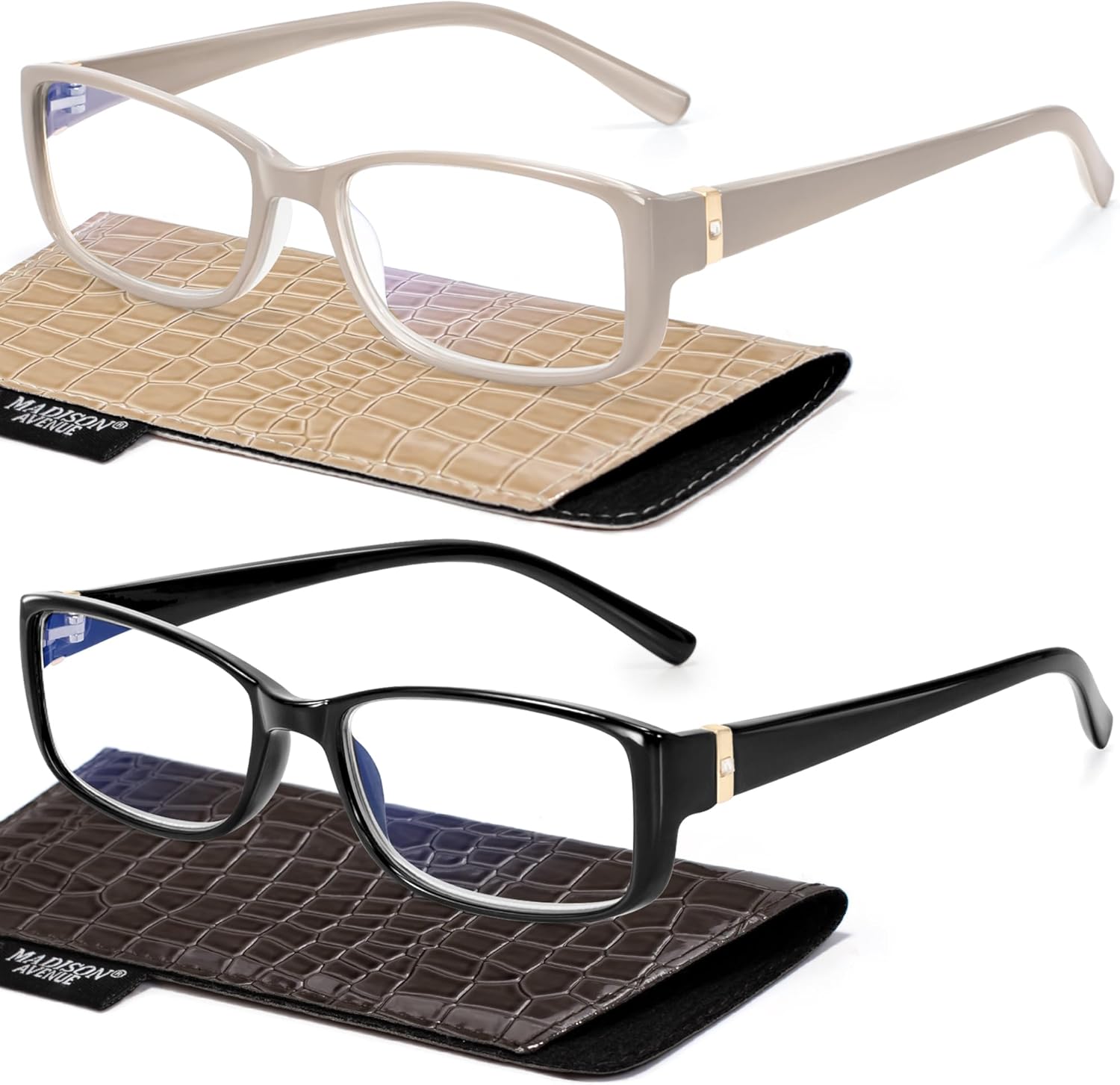 Madison Avenue 2 Pack Classic Blue Light Blocking Reading Glasses for Women, Vintage Anti Glare/Eyestrain Computer Readers Black/Nude Beige +2.5