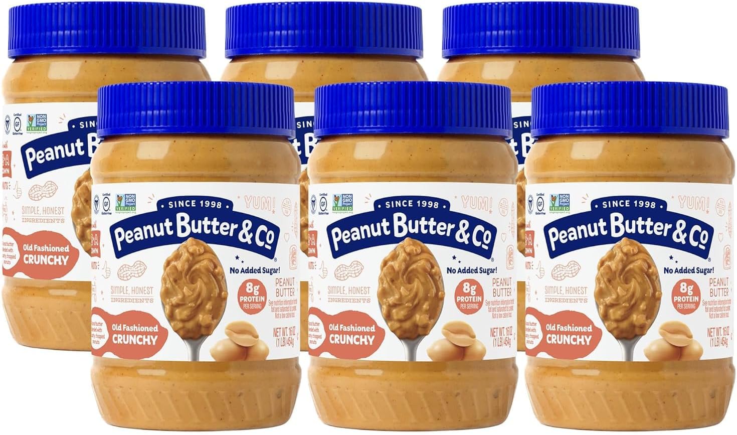 Peanut Butter & Co. Old Fashioned Crunchy Peanut Butter, 8g Protein, Non-GMO Project Verified, No Sugar Added, Gluten Free, Vegan, 16 Ounce (Pack of 6)