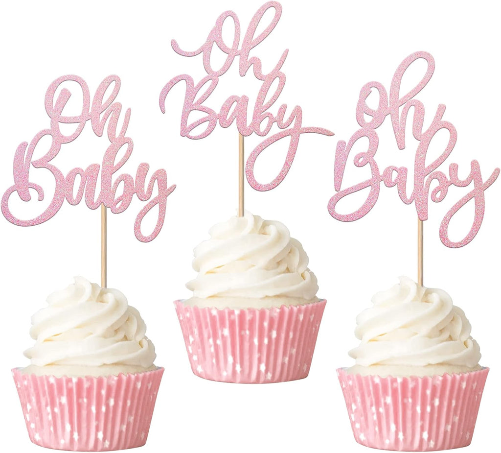 Rsstarxi 24 Pack Oh Baby Cupcake Toppers Pink Glitter Baby Shower Gender Reveal Cupcake Picks for Boy or Girl Theme Baby Shower Kids Birthday Party Cake Decorations