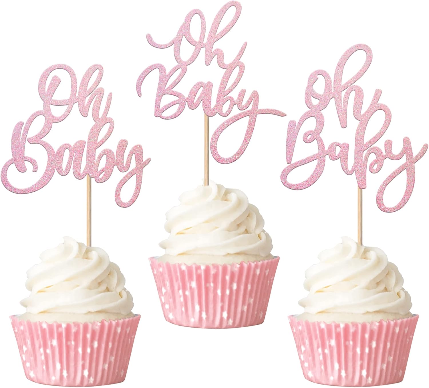 Rsstarxi 24 Pack Oh Baby Cupcake Toppers Pink Glitter Baby Shower Gender Reveal Cupcake Picks for Boy or Girl Theme Baby Shower Kids Birthday Party Cake Decorations