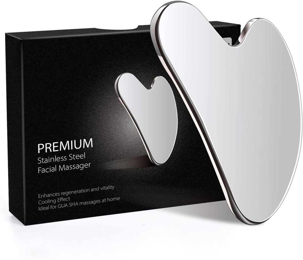 Daubigny Stainless Steel Gua Sha Facial Tools Guasha for Face Metal Gua Sha Tighten Skin Massage Guasha Beauty Tool for Body Eyes Neck Massager with Travel Pouch Skin Care Gifts (Silver)