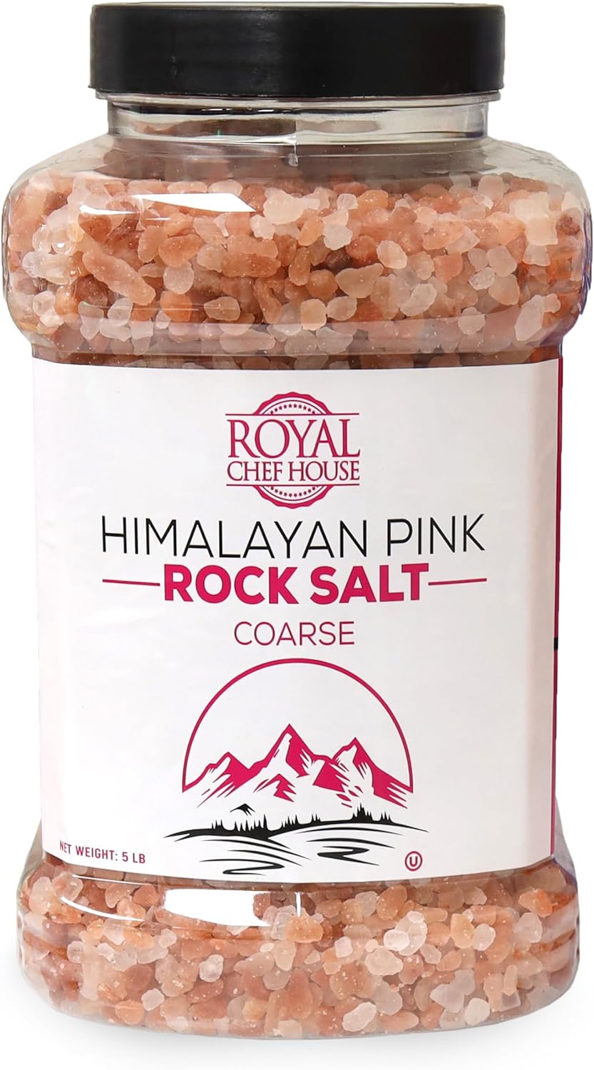 RoyalHouse, Himalayan Pink Salt 5 lbs Coarse Grain Bulk in Jar, Pure Gourmet Crystals, Natural Contains 84 Minerals, Suitable for Body Bath Scrubs, Table Salt For Grinders & Salt Mills Kosher