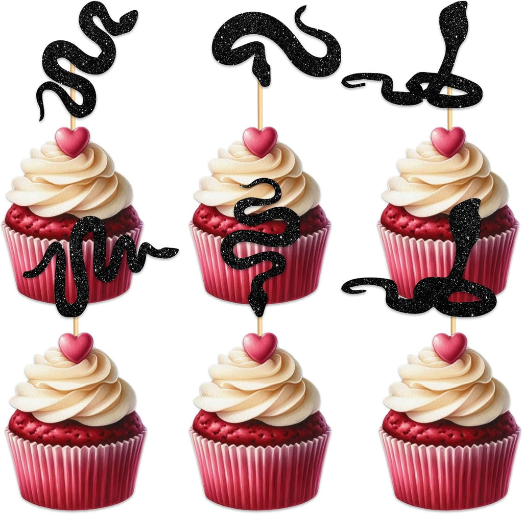 18pcs Black Glitter Silhouette Snake Cupcake Topper for Snake Reptile Pet Theme Party Favors Decorations Men Women Kids Happy Birthday Baby Shower Party Decor Supplies