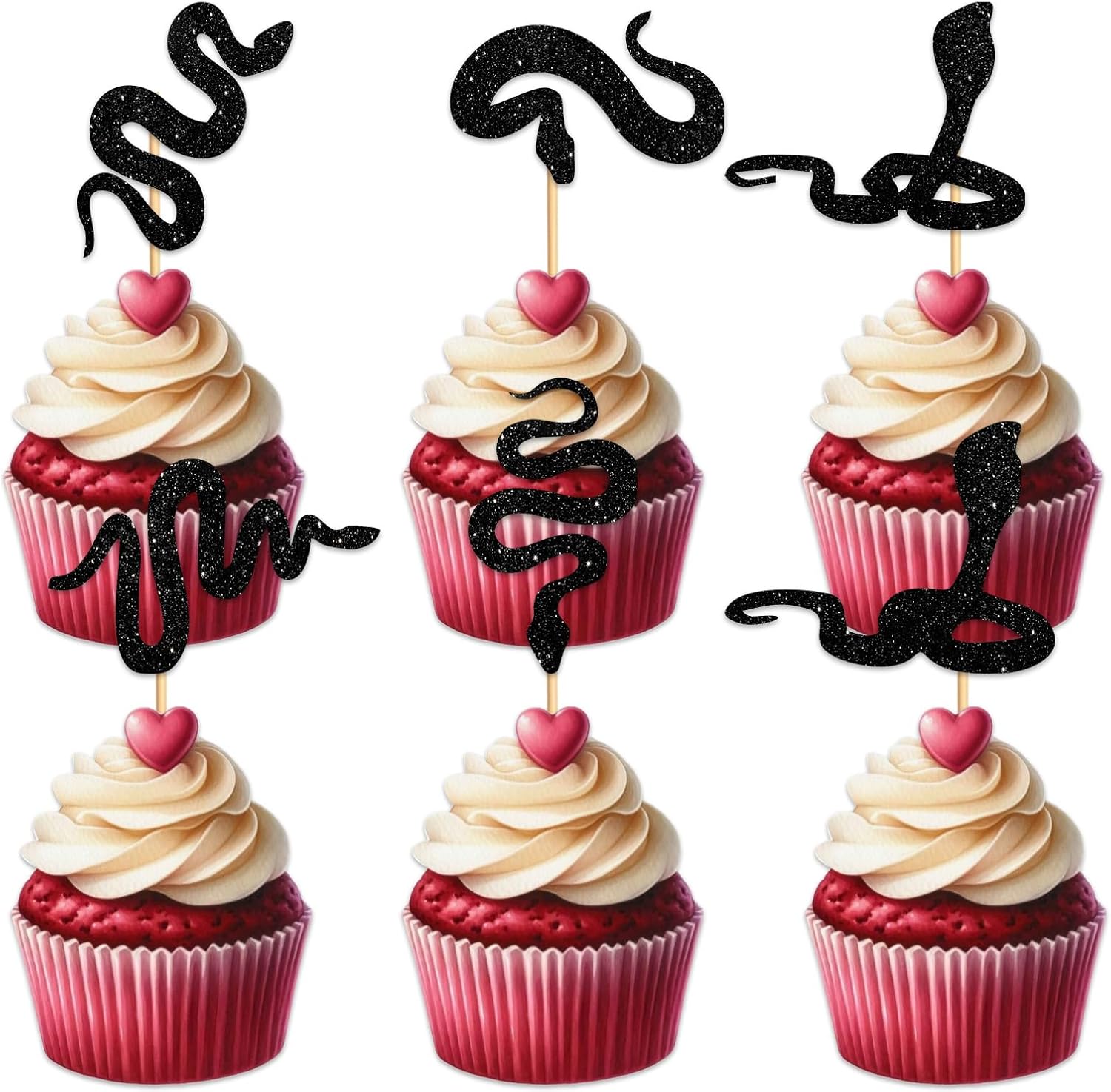 18pcs Black Glitter Silhouette Snake Cupcake Topper for Snake Reptile Pet Theme Party Favors Decorations Men Women Kids Happy Birthday Baby Shower Party Decor Supplies