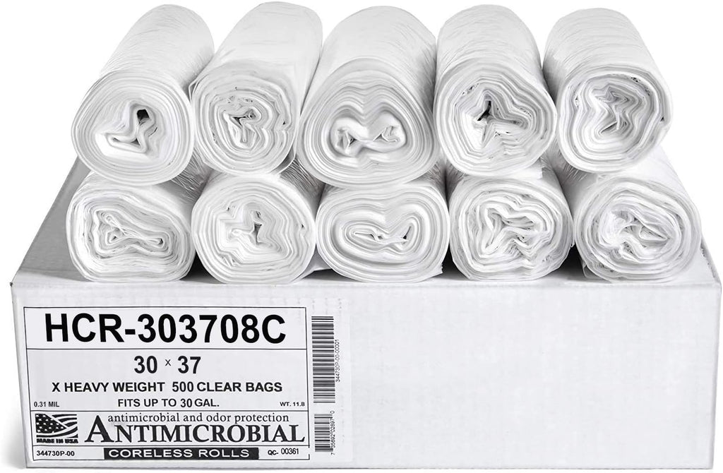Aluf Plastics High Density Trash Bags, 30 Gallon, 500 Count, 8 Micron (eq), 30" x 37", Clear, for Bathroom, Office, Industrial, Commercial, Janitorial, Municipal, Recycling