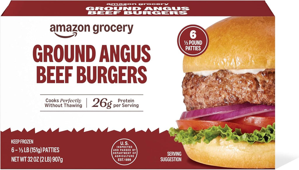 Amazon Grocery, Ground Angus Beef Burgers, 32 Oz, 6 Ct, Frozen