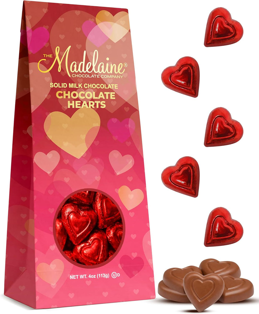 Madelaine Solid Milk Chocolate Red Heart Candy – Foil Wrapped Heart Chocolates for Easter Candy Basket Fillers, Mother’s Day & Romantic Gifting, Party Favors – 4 oz Box
