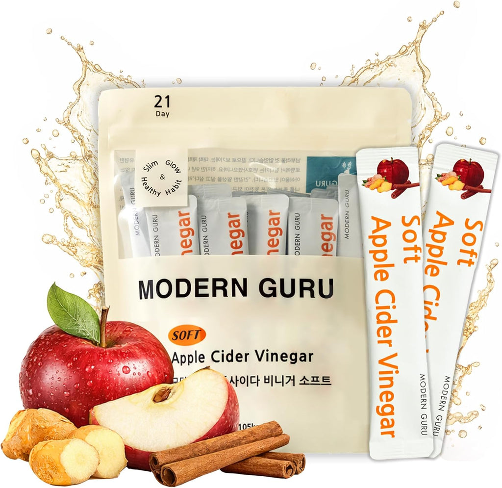 MODERN GURU Apple Cider Vinegar Packets with the Mother – ACV Drink Sticks | 93% ACV with Ginger & Cinnamon | Sugar-Free, Supports Digestion & Detox, Low-Calorie | Travel Size On-the-Go Packets (21 Count)