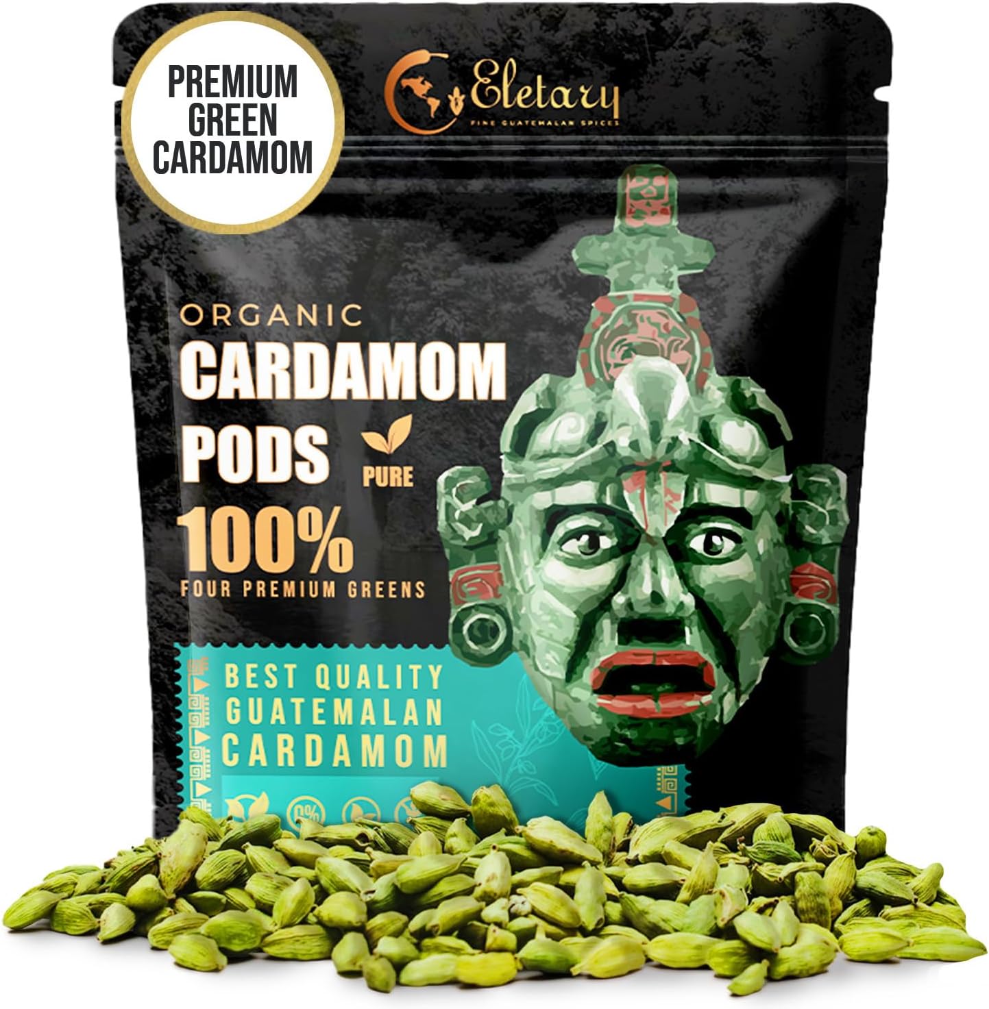 Eletary Premium Organic Guatemalan Green Cardamom Pods (4 oz) - Four Premium Green, All Natural, Vegan, Gluten-Free, Non-GMO - Flavor Enhancer Ideal for Indian Cuisine, Baking, Meat, Coffee & Tea