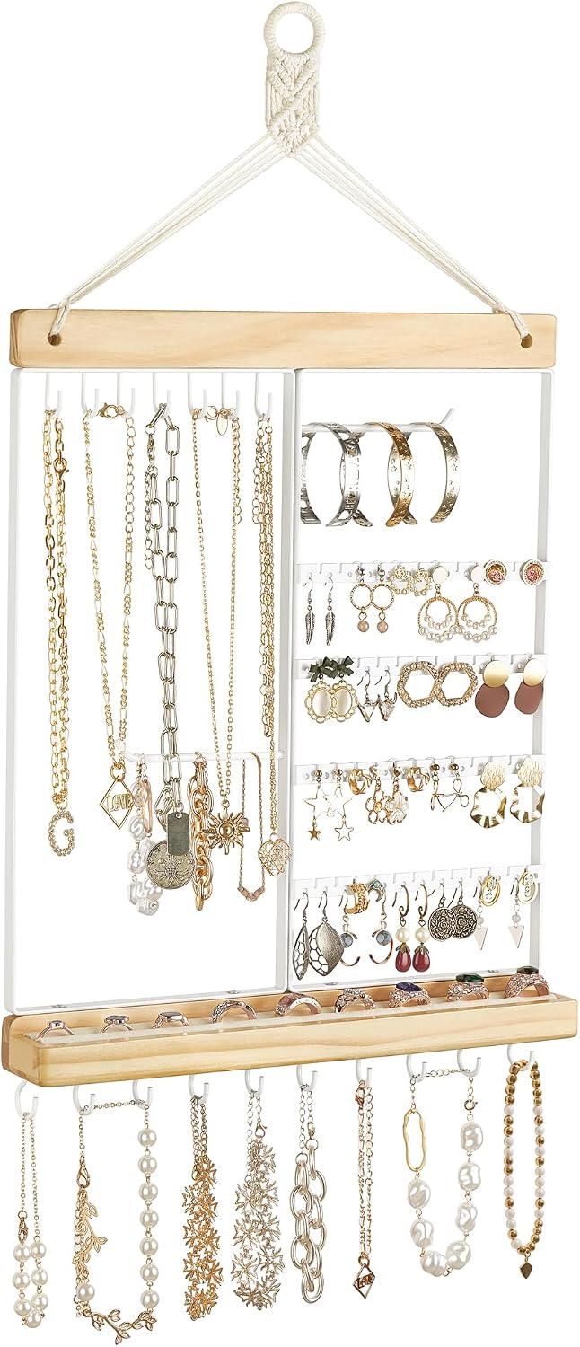 Mkono Hanging Jewelry Organizer Wall Mounted Earring Holder Metal Necklace Holder Wood Shelf with 55 Holes and 7 Hooks Display Rack For Storage Bracelet Rings Ear Studs Accessories Women Bedroom Decor
