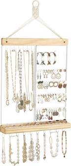 Mkono Hanging Jewelry Organizer Wall Mounted Earring Holder Metal Necklace Holder Wood Shelf with 55 Holes and 7 Hooks Display Rack For Storage Bracelet Rings Ear Studs Accessories Women Bedroom Decor