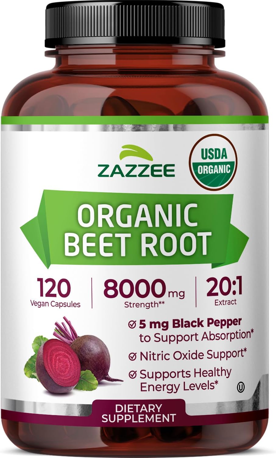 Zazzee USDA Organic Beet Root 20:1 Extract, 120 Vegan Quick Release Capsules, 4 Month Supply, Nitric Oxide Support, Black Pepper Extract for Enhanced Absorption, Certified Kosher, Non-GMO, Made in USA