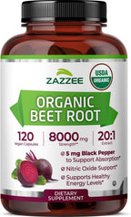 Zazzee USDA Organic Beet Root 20:1 Extract, 120 Vegan Quick Release Capsules, 4 Month Supply, Nitric Oxide Support, Black Pepper Extract for Enhanced Absorption, Certified Kosher, Non-GMO, Made in USA
