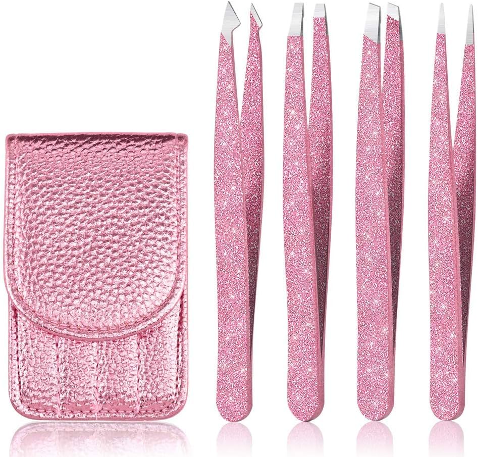 Eyebrow Tweezer Set, 4 Pcs Professional Stainless Steel Tweezers for Women, Precision Tweezer for Facial Hair, Splinter and Ingrown Hair Removal（Rose Gold）