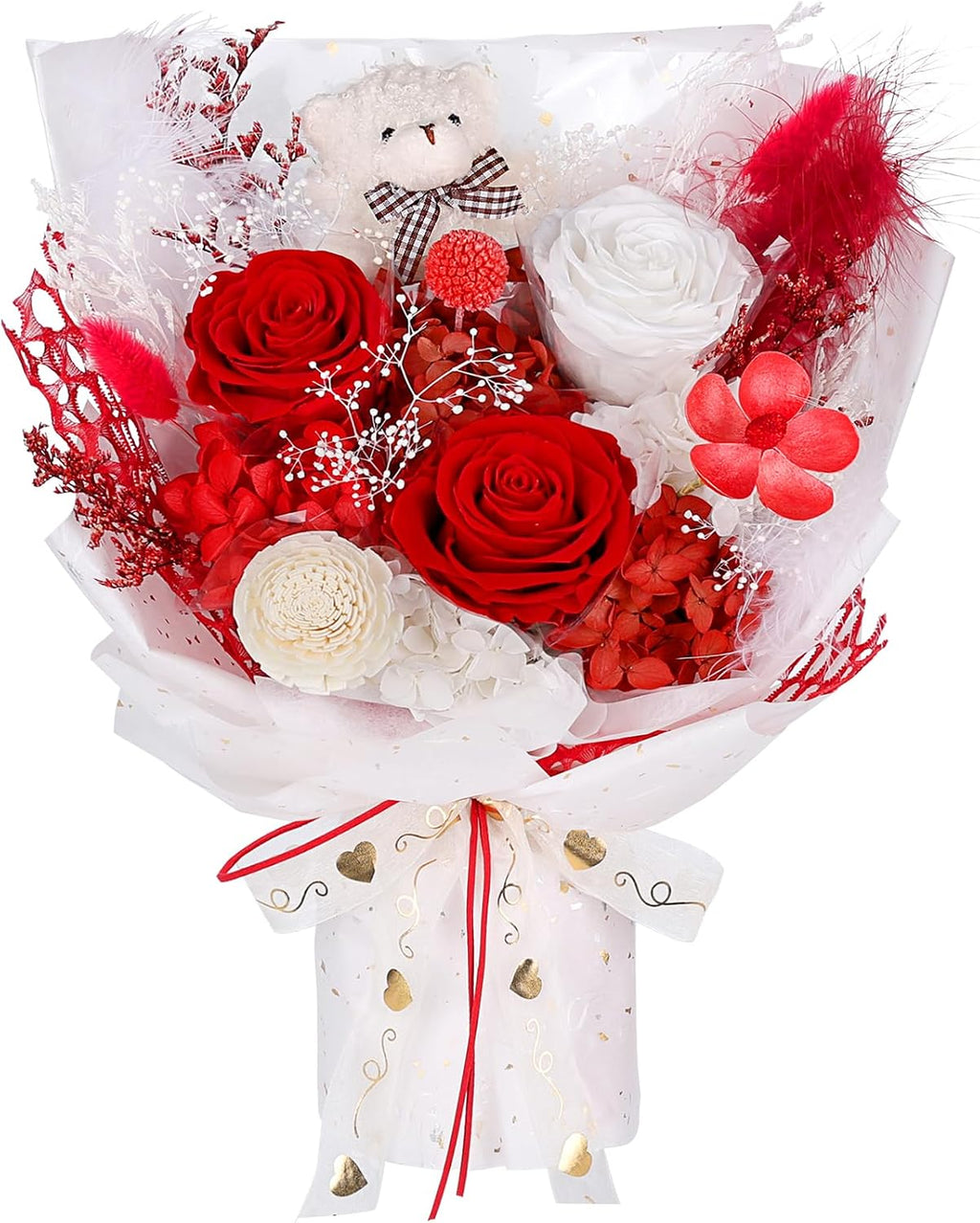 Preserved Flowers Bouquet with Bear, 3 Real Forever Flowers for Delivery, Long-Lasting Red Eteranl Roses Bouquet, Mothers Day Gifts for Mom Grandma, Anniversary Birthday Gifts for Women Girlfriend
