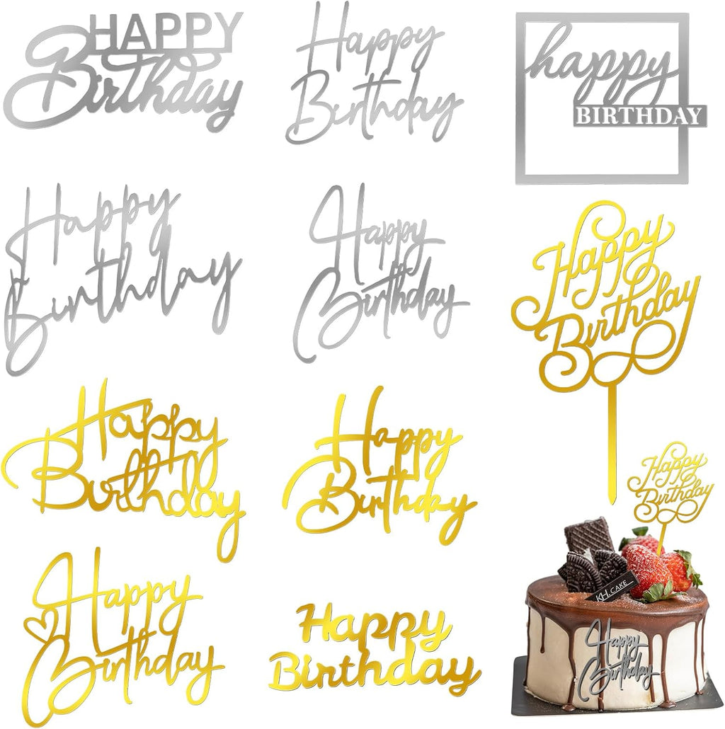 10Pcs Happy Birthday Cake Toppers 10 Styles Gold Silver Mirror Acrylic Cake Topper Side Cake Decorations Cupcake Topper Pick Cake Inserts Happy Birthday Sign for Cake Birthday Party Desserts Pastries