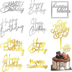 10Pcs Happy Birthday Cake Toppers 10 Styles Gold Silver Mirror Acrylic Cake Topper Side Cake Decorations Cupcake Topper Pick Cake Inserts Happy Birthday Sign for Cake Birthday Party Desserts Pastries