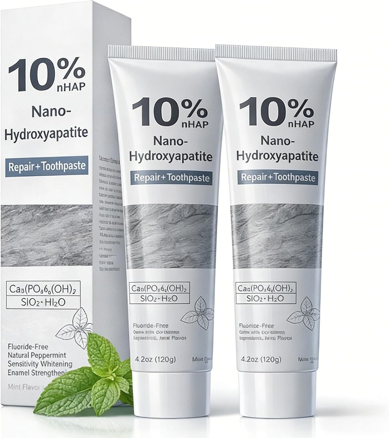 10% Nano Hydroxyapatite Toothpaste 2-Pack, Teeth Whitening & Enamel Repair Toothpaste, Fluoride Free for Sensitive Teeth, Fresh Breath Oral Care