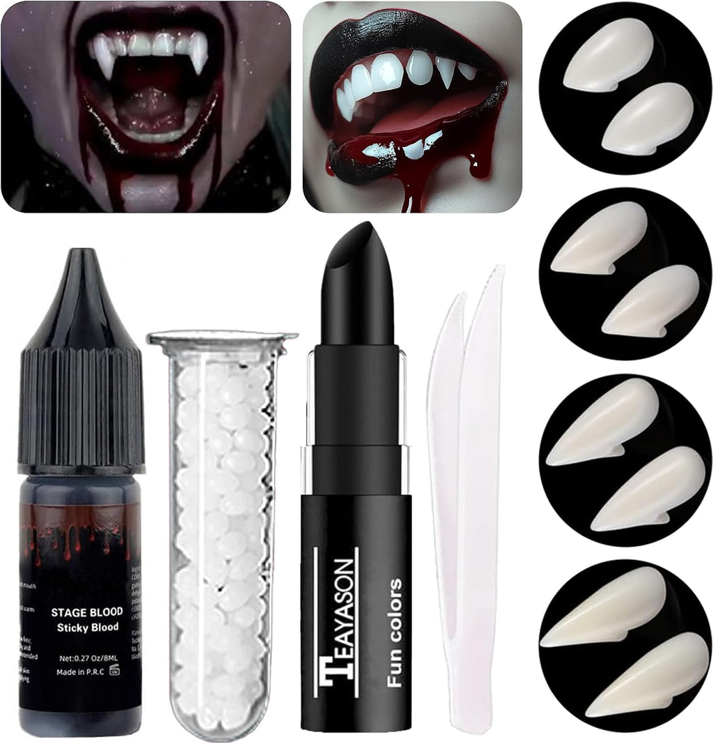 Go Ho Vampire Fangs Teeth with Adhesive and Fake Blood Makeup,Sticky Edible Blood,Black Lipstick,4 Pairs 4 Sizes Fangs,Vampire Makeup for Halloween Costumes Cosplay
