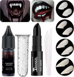 Go Ho Vampire Fangs Teeth with Adhesive and Fake Blood Makeup,Sticky Edible Blood,Black Lipstick,4 Pairs 4 Sizes Fangs,Vampire Makeup for Halloween Costumes Cosplay