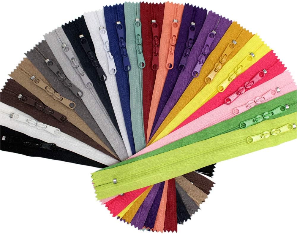 MebuZip 20PCS 20 Inches Double Slider Zippers #3 Nylon Coil With Two Long Pulls Head to Head Closed Ended 20 Assorted Colors (20")