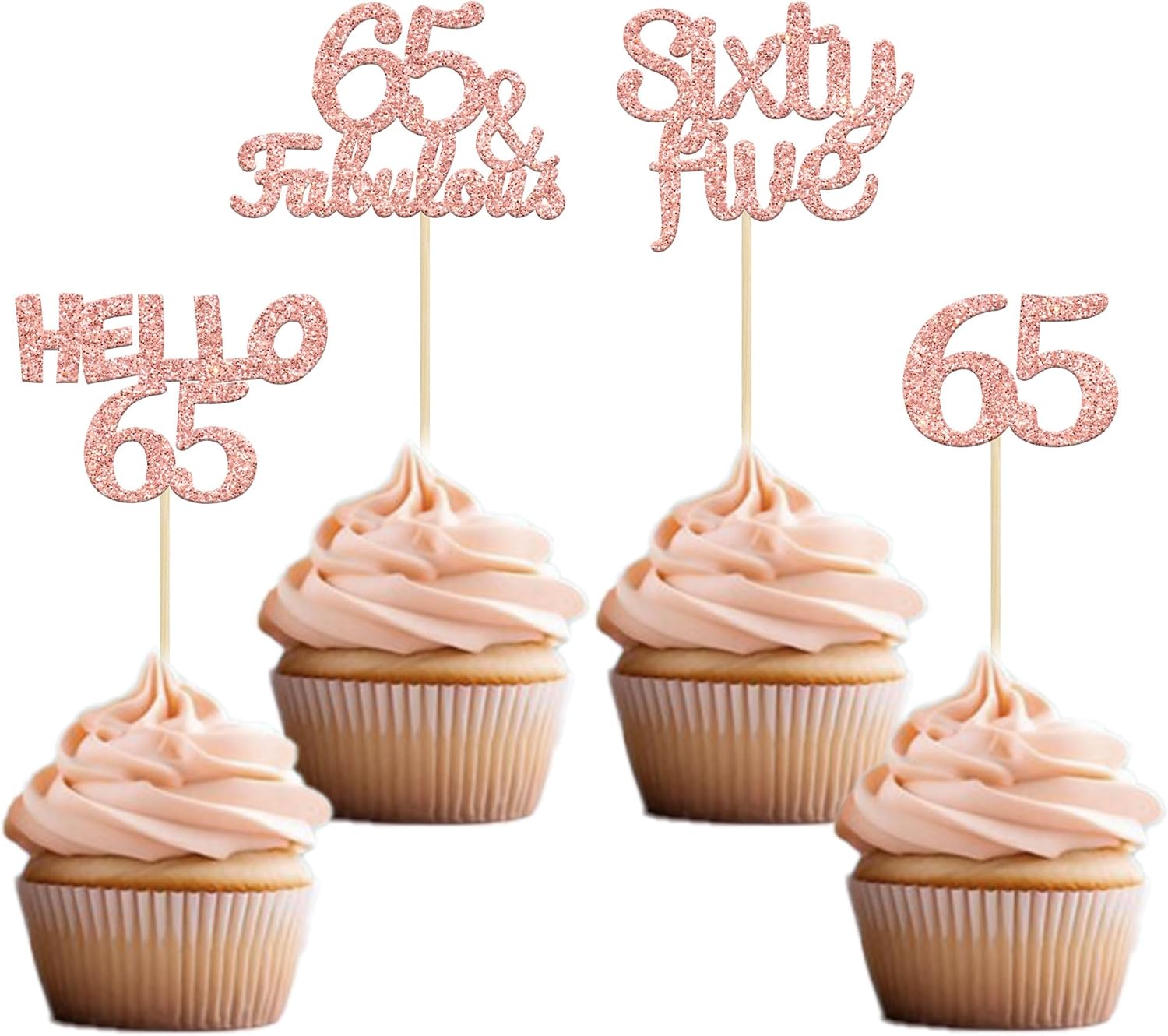 Gyufise 24 Pack Glitter 65th Birthday Cupcake Toppers Hello 65 Sixty Five Cake Toppers 65 & fabulous Cupcake Picks for 65th Birthday Cake Decorations Supplies Rose Gold